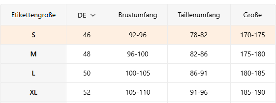 Größentabelle anzeigen